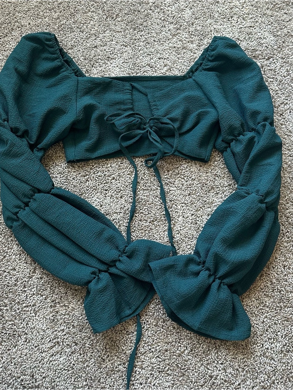SHEIN Teal Puff-Sleeve Tie-Front Crop Top